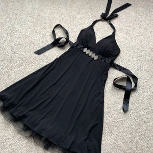 Black Halter Cocktail Dress with Rhinestone Detail